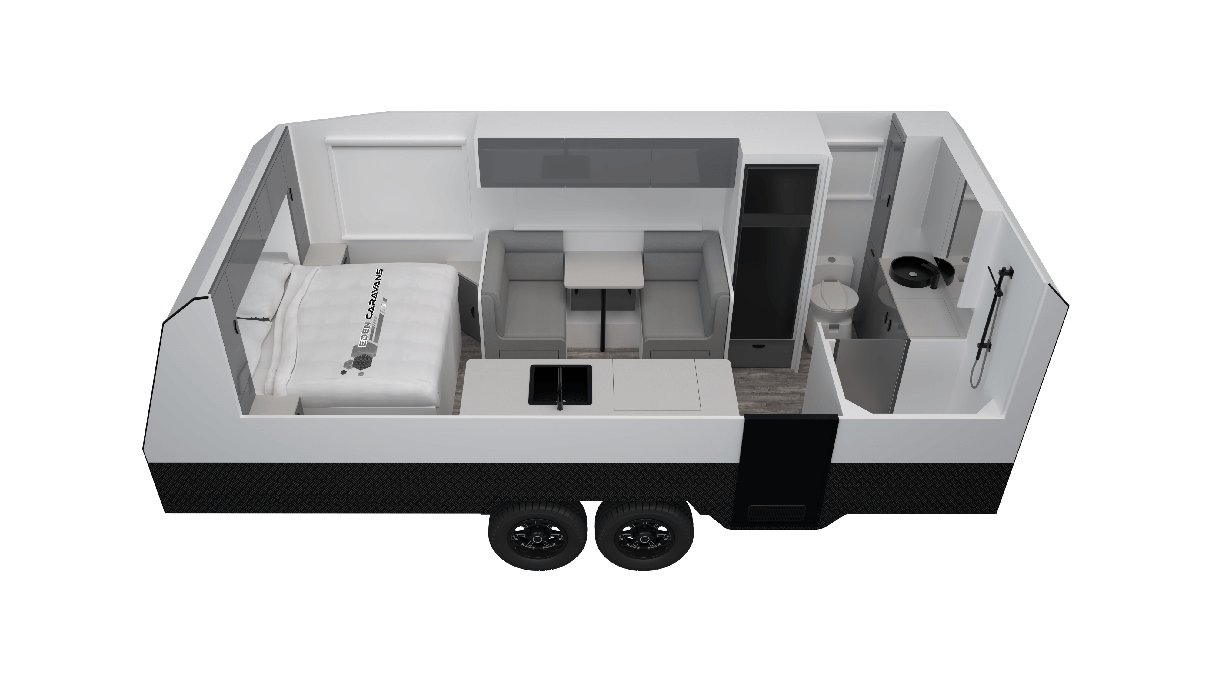 Eden Caravans Platinum floorplan showing front island double bed with overhead cupboards, central dinette opposite kitchen bench with sink, and rear bathroom with toilet, vanity and separate shower