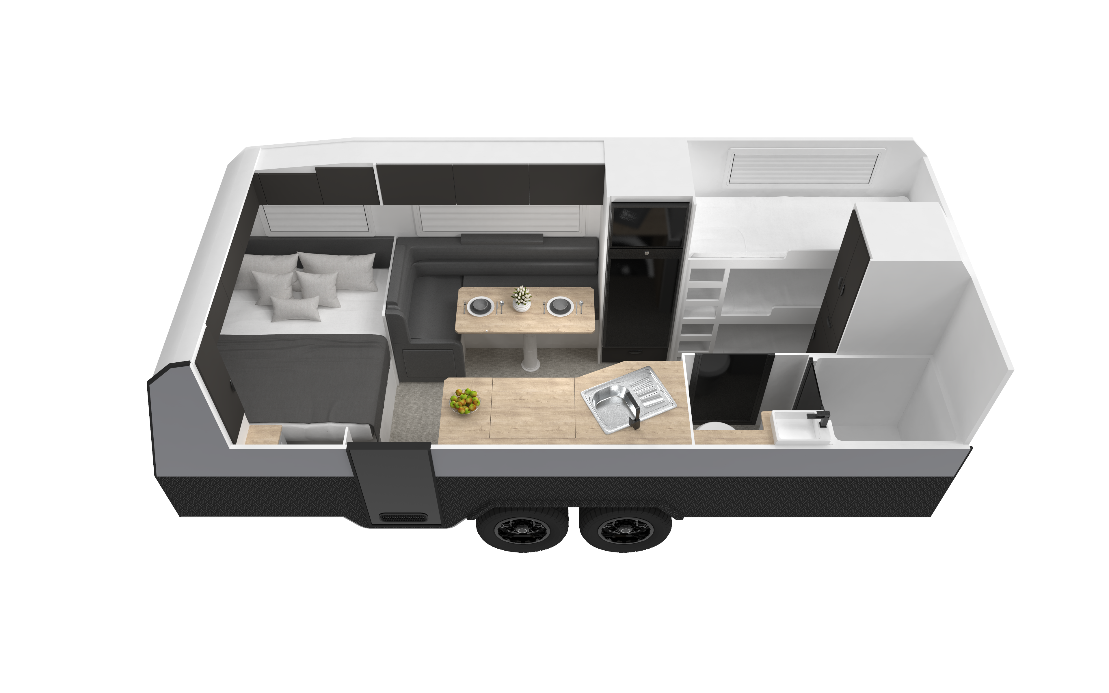 Floorplan of Eden Caravans Wildtrax showing front double bed, mid L-shaped lounge with dining table opposite overhead cupboards and fridge, rear kitchen bench with sink, side bunks and corner bathroom with toilet and basin
