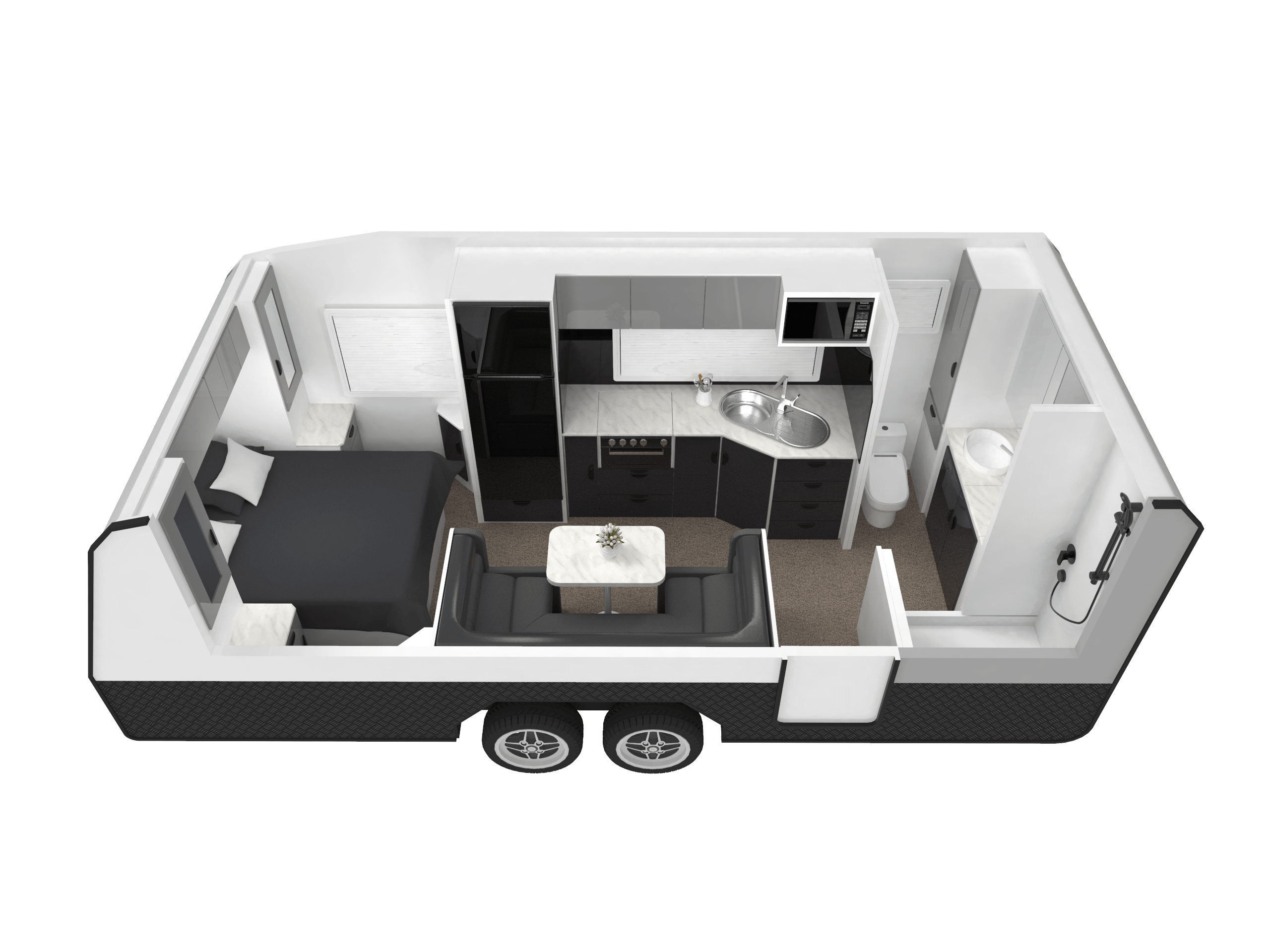 Eden Caravans Platinum floorplan showing front bedroom with double bed, central L-shaped dinette opposite kitchen with sink and stove, and rear bathroom with toilet, vanity and separate shower