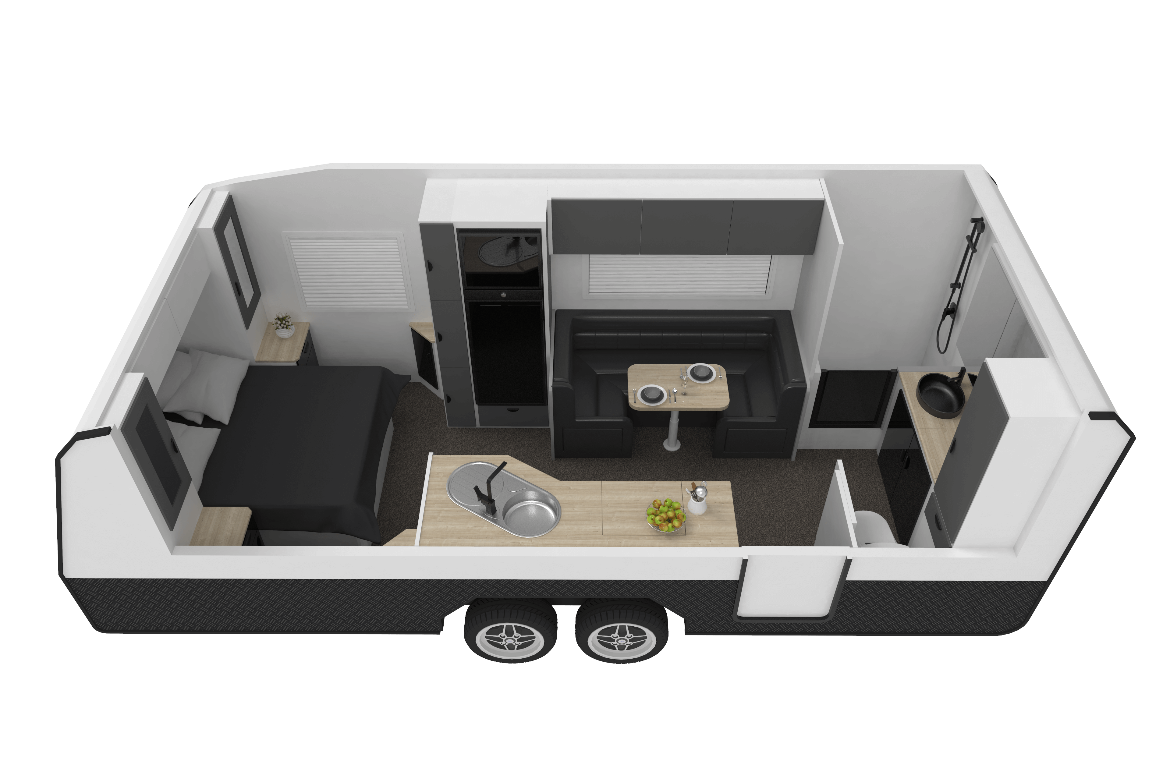 Eden Caravans Platinum floorplan showing front bedroom with double bed, central kitchen bench and fridge opposite L-shaped dinette, and rear corner bathroom with shower and basin