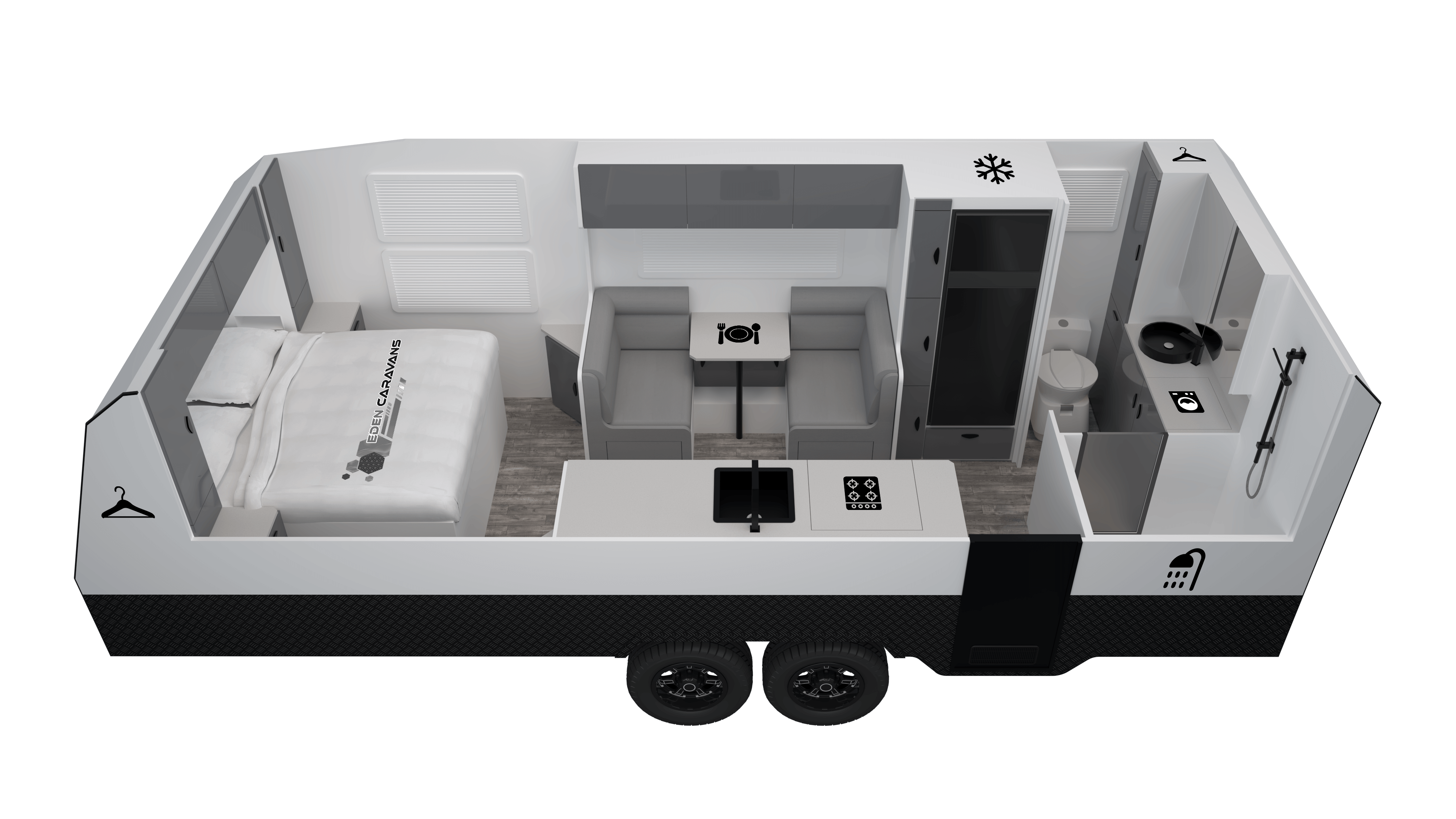 Eden Caravans Platinum floorplan showing front queen bed with side storage, central dinette opposite kitchen bench with sink and cooktop, and rear bathroom with toilet, vanity and separate shower