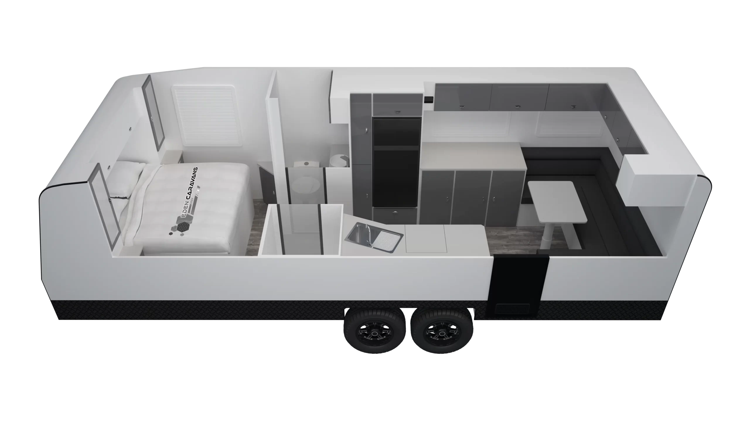 Eden Caravans Platinum floorplan showing front island bed, central bathroom cubicle opposite kitchen bench with sink and fridge, and rear U-shaped lounge with table