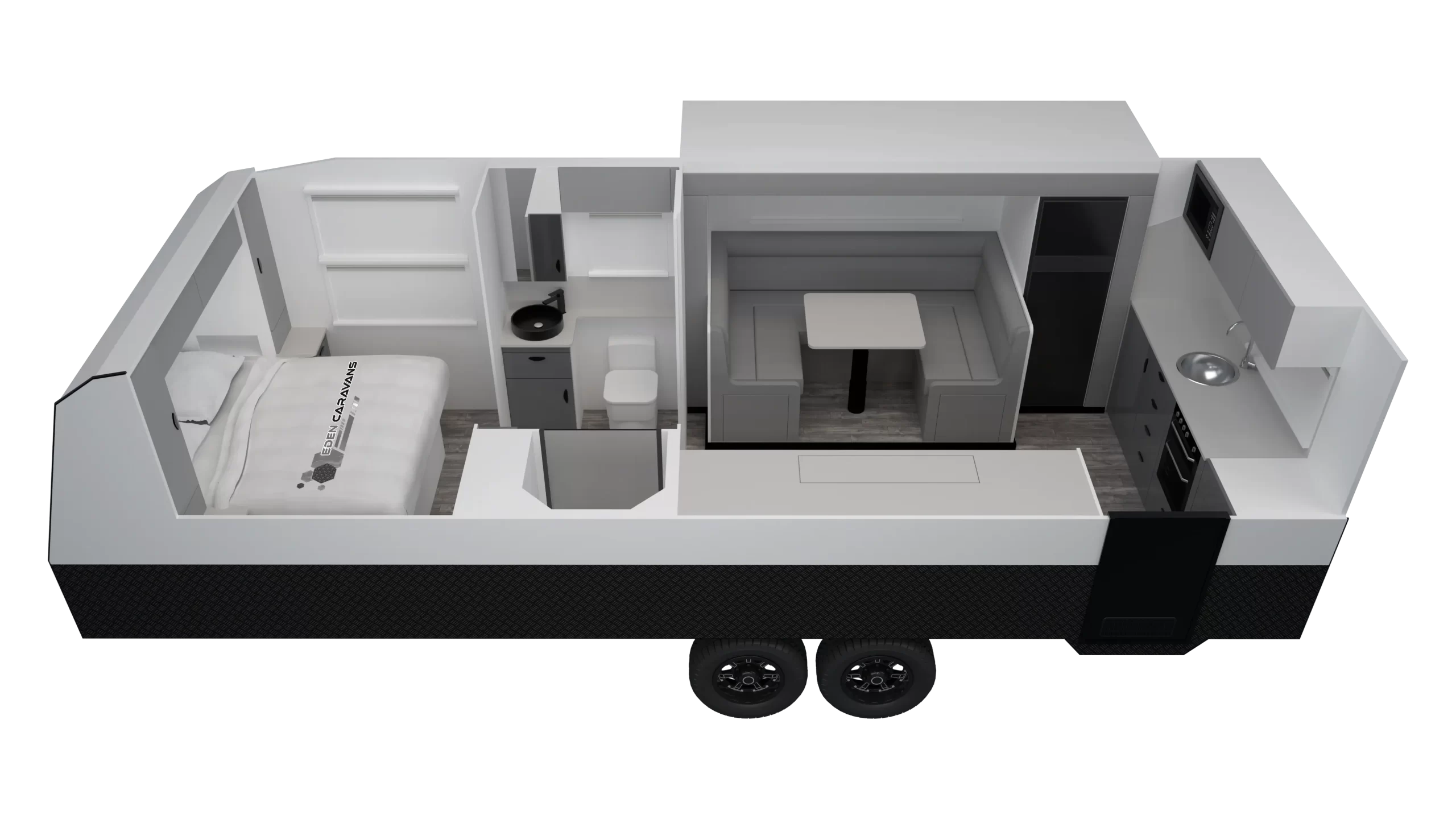 Floorplan of Eden Caravans Eden X-treme showing front bedroom with double bed, central bathroom with basin and toilet, rear L-shaped dinette, and side kitchen with sink, stove and storage