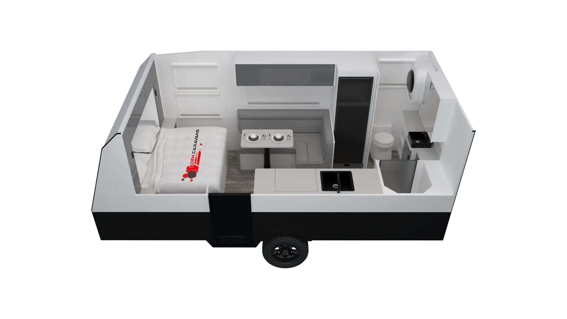 Eden Caravans Wildtrax floorplan showing front entry to side kitchen with sink and cooktop, central dinette opposite storage, rear corner double bed, and rear bathroom with toilet and vanity