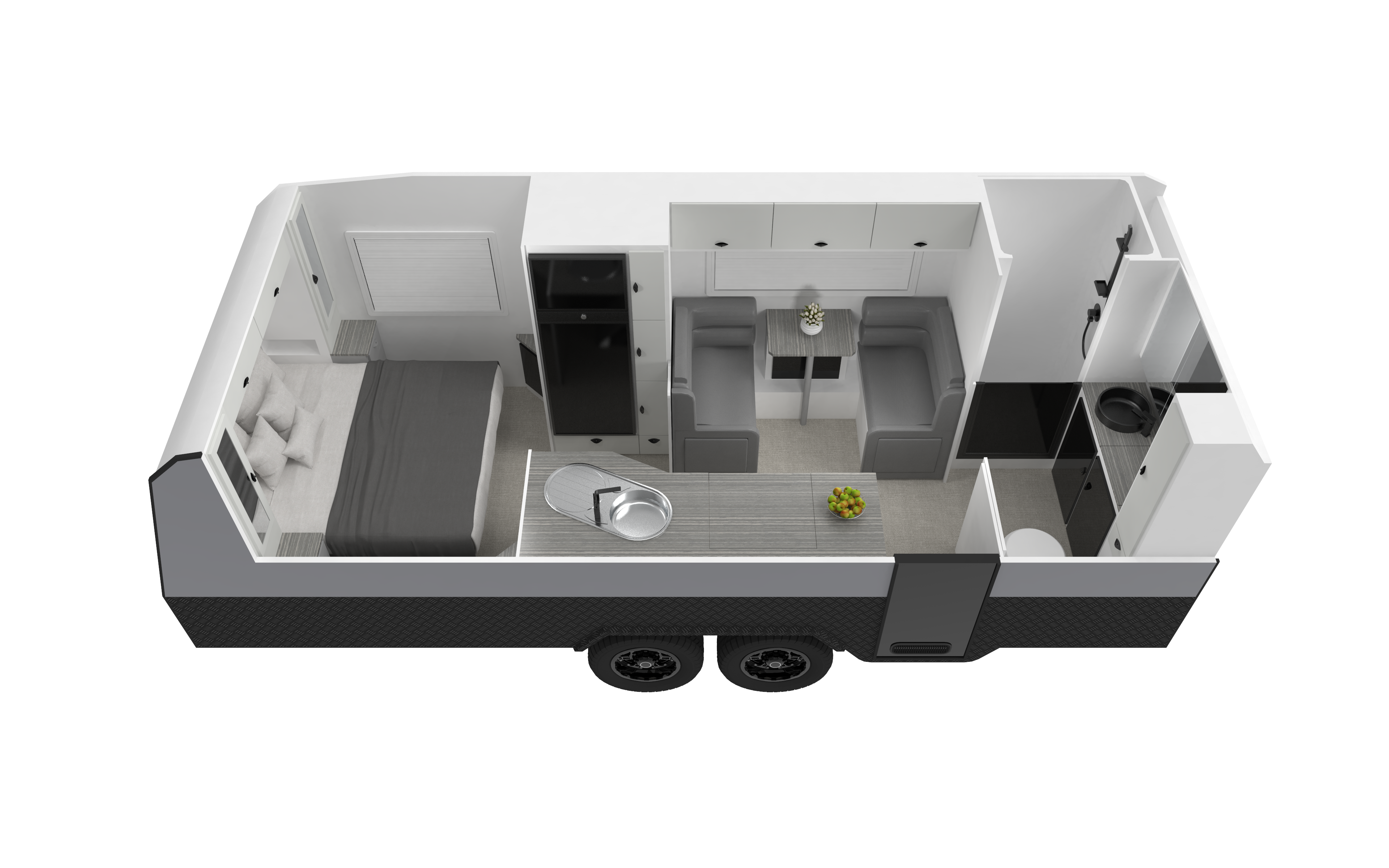 Floorplan of Eden Caravans Wildtrax showing front bedroom with double bed, central fridge and storage, opposite café dinette, rear kitchen with sink and cooktop, and adjacent bathroom with shower and toilet.