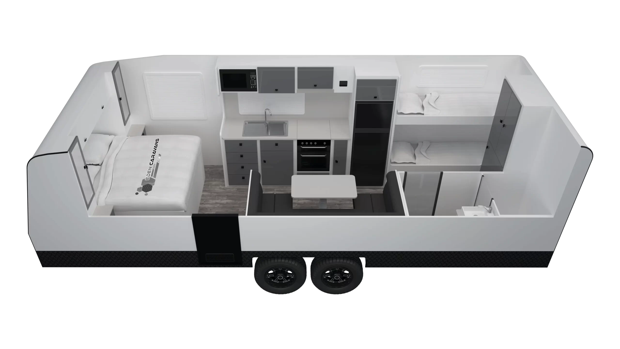 Floorplan of Eden Caravans Wildtrax showing front queen bed, central kitchen with sink, stove and fridge opposite dinette, rear right bunks and rear left bathroom cubicle
