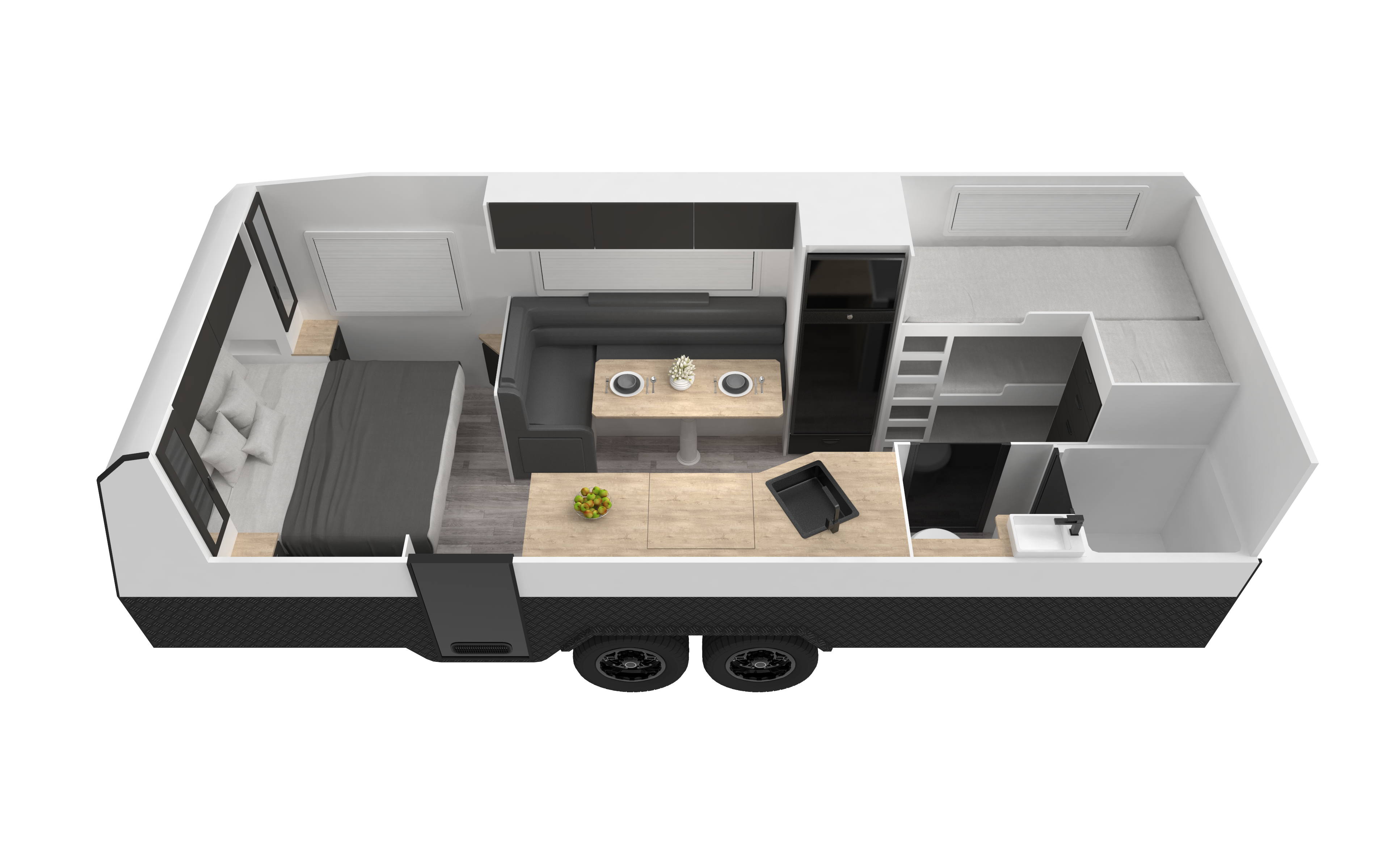 Eden Caravans Wildtrax floorplan showing front bedroom with double bed, central L-shaped dinette opposite kitchen bench, rear bunks with storage, and corner bathroom with toilet and basin