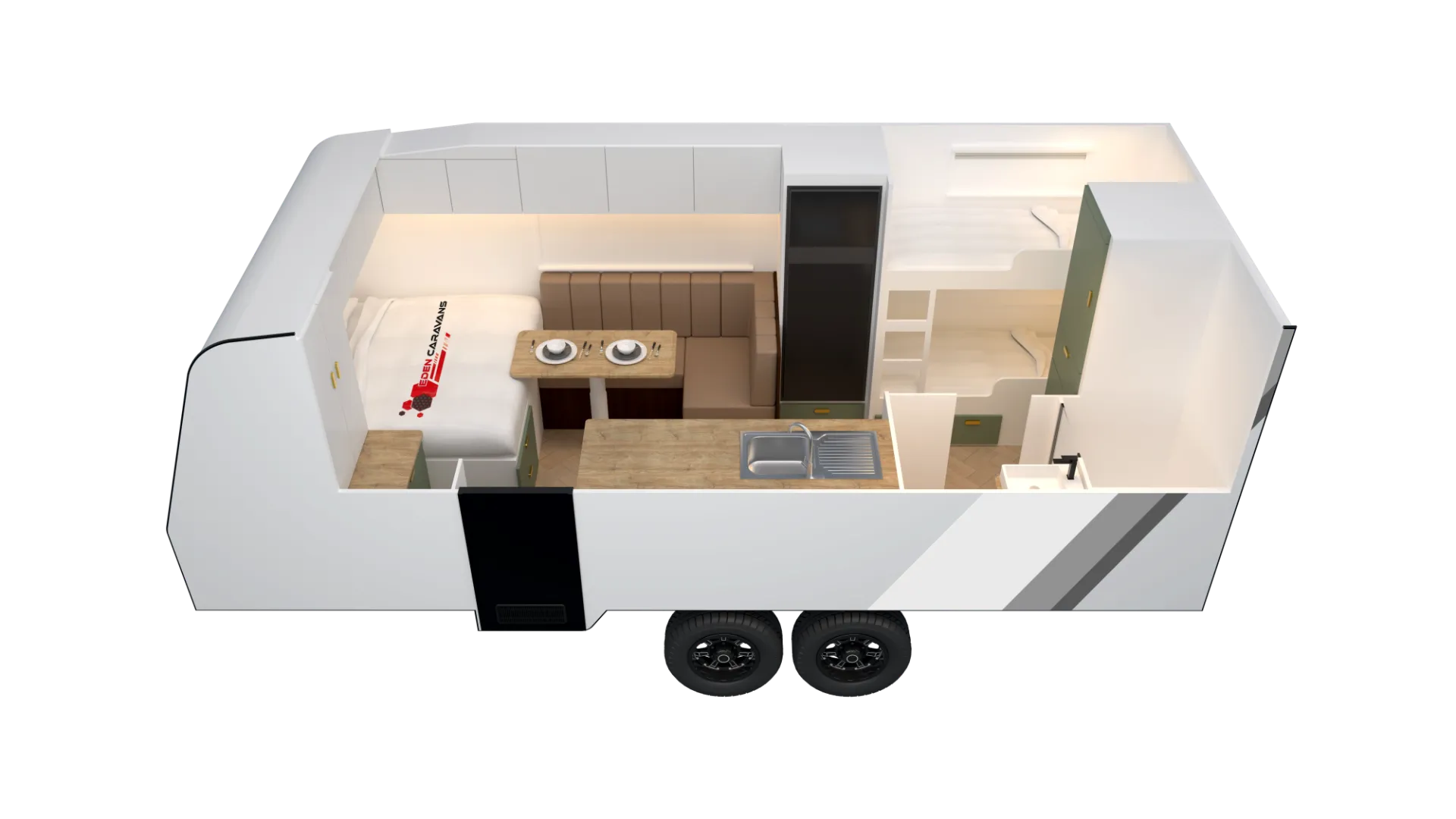 Eden Caravans 20.6 Platinum floorplan showing front bedroom with double bed and overhead cupboards, central L-shaped dinette and kitchen bench with sink, rear bunks opposite bathroom with vanity