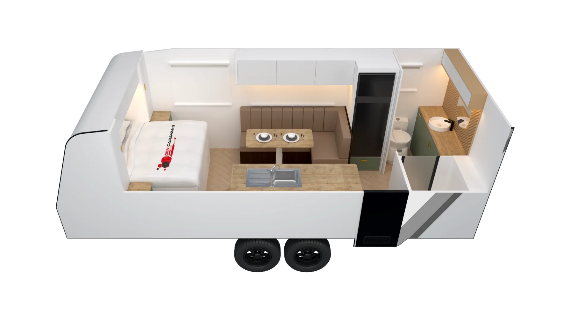 Floorplan of Eden Caravans 20.6 Rear Door showing front bedroom with double bed, central kitchen bench and L-shaped dinette, rear bathroom with toilet, vanity and storage