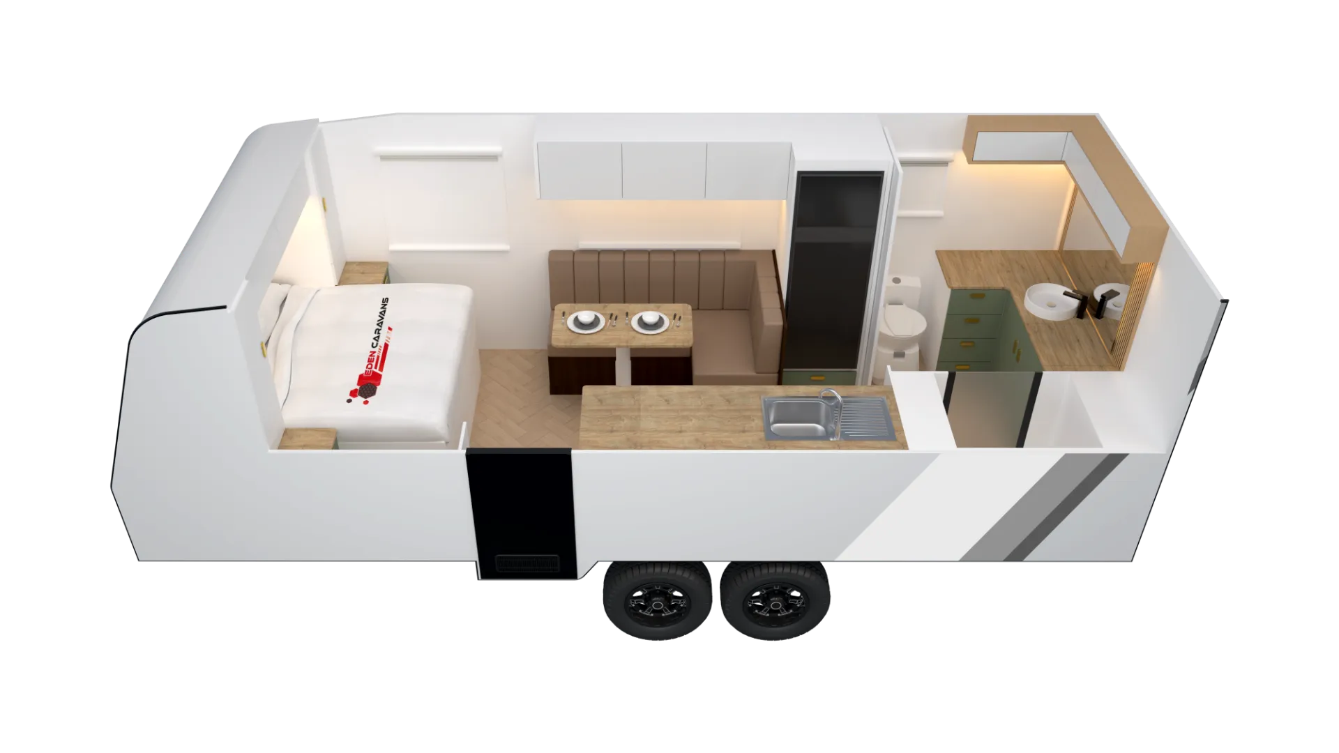 Floorplan of Eden Caravans 20.6 Platinum showing front island bed, central L-shaped dinette opposite kitchen bench with sink, rear bathroom with toilet, vanity and corner storage