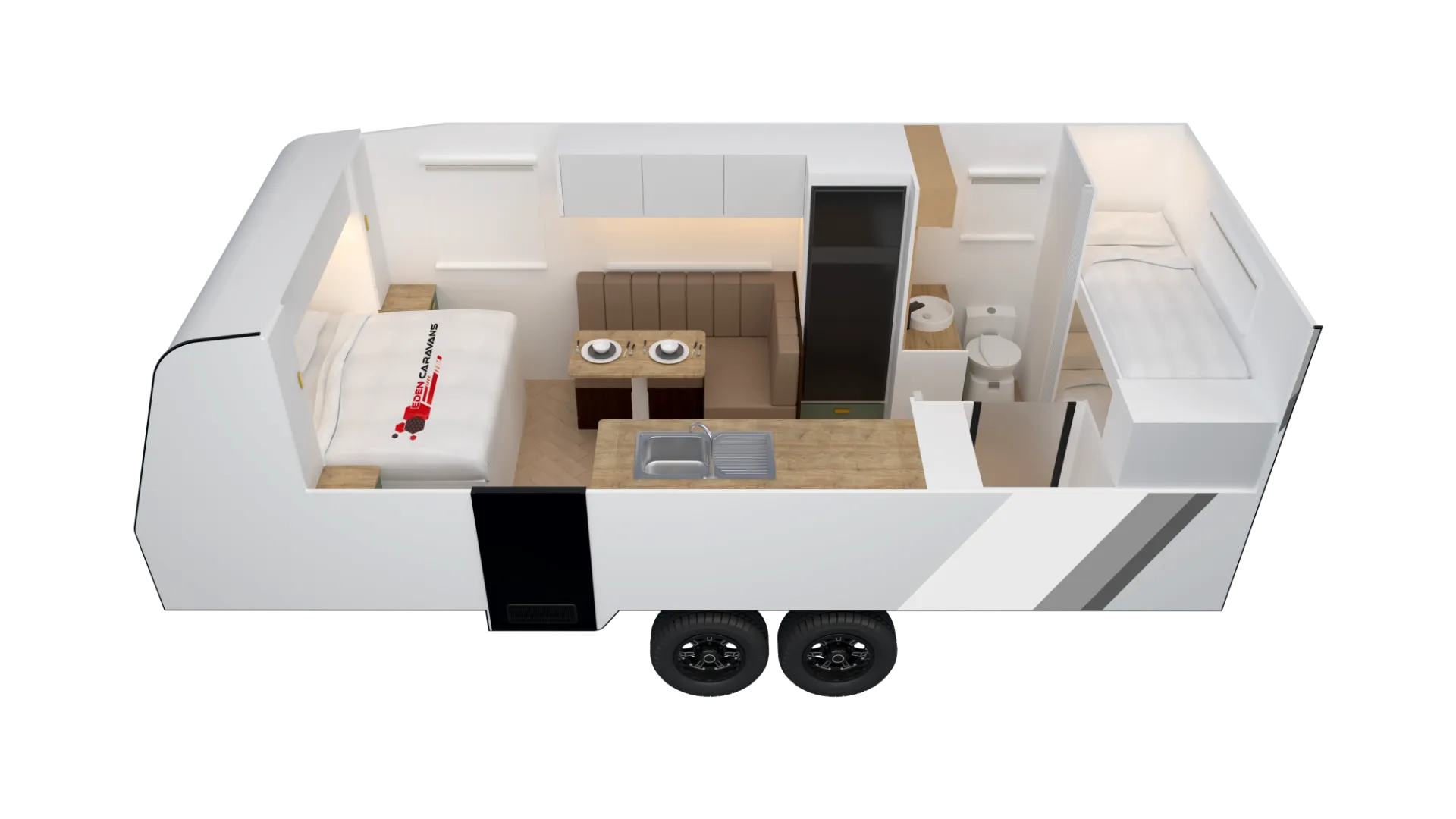 Floorplan of Eden Caravans 20.6 Platinum showing front double bed, central kitchen bench with sink opposite L-shaped dinette, rear bathroom with toilet and basin, and rear single bed