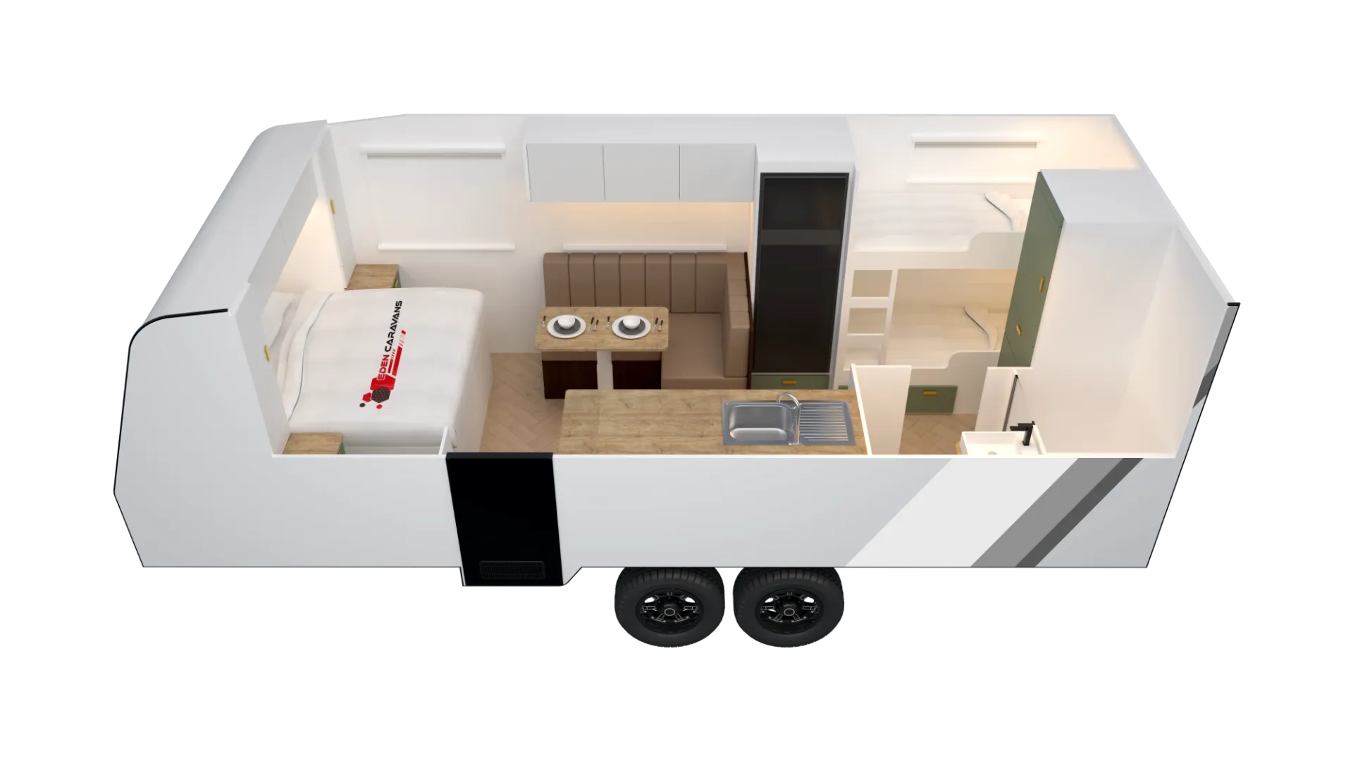 Floorplan of Eden Caravans 20.6 Platinum showing front queen bed, central L-shaped dinette opposite kitchen bench with sink, rear bunks beside storage, and corner bathroom with vanity