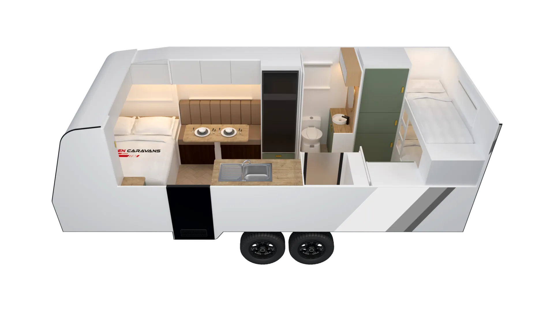 Floorplan of Eden Caravans 20.6 Platinum showing front queen bed, mid dinette opposite kitchen bench with sink, central fridge, rear bathroom with toilet and basin, and rear bunks beside tall storage